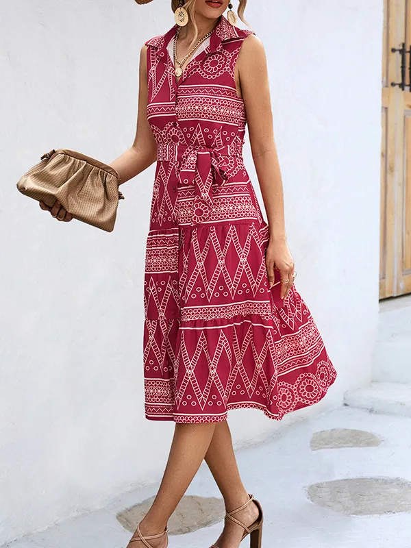 Sleeveless Buttoned Printed Tied Waist Lapel Collar Midi Dresses