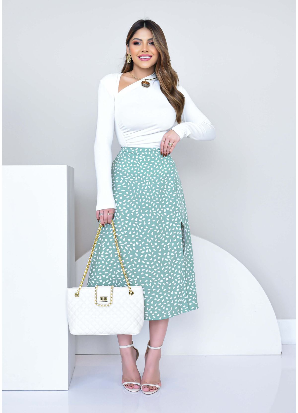 HIGH WAISTED POLKA DOT SLIT MIDI SKIRT