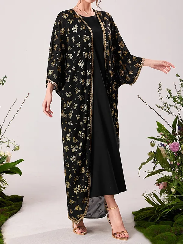 Muslim High Waisted Round-Neck Inner Dress + Flower Print Gauze Batwing Sleeves Outerwear Two Pieces Set