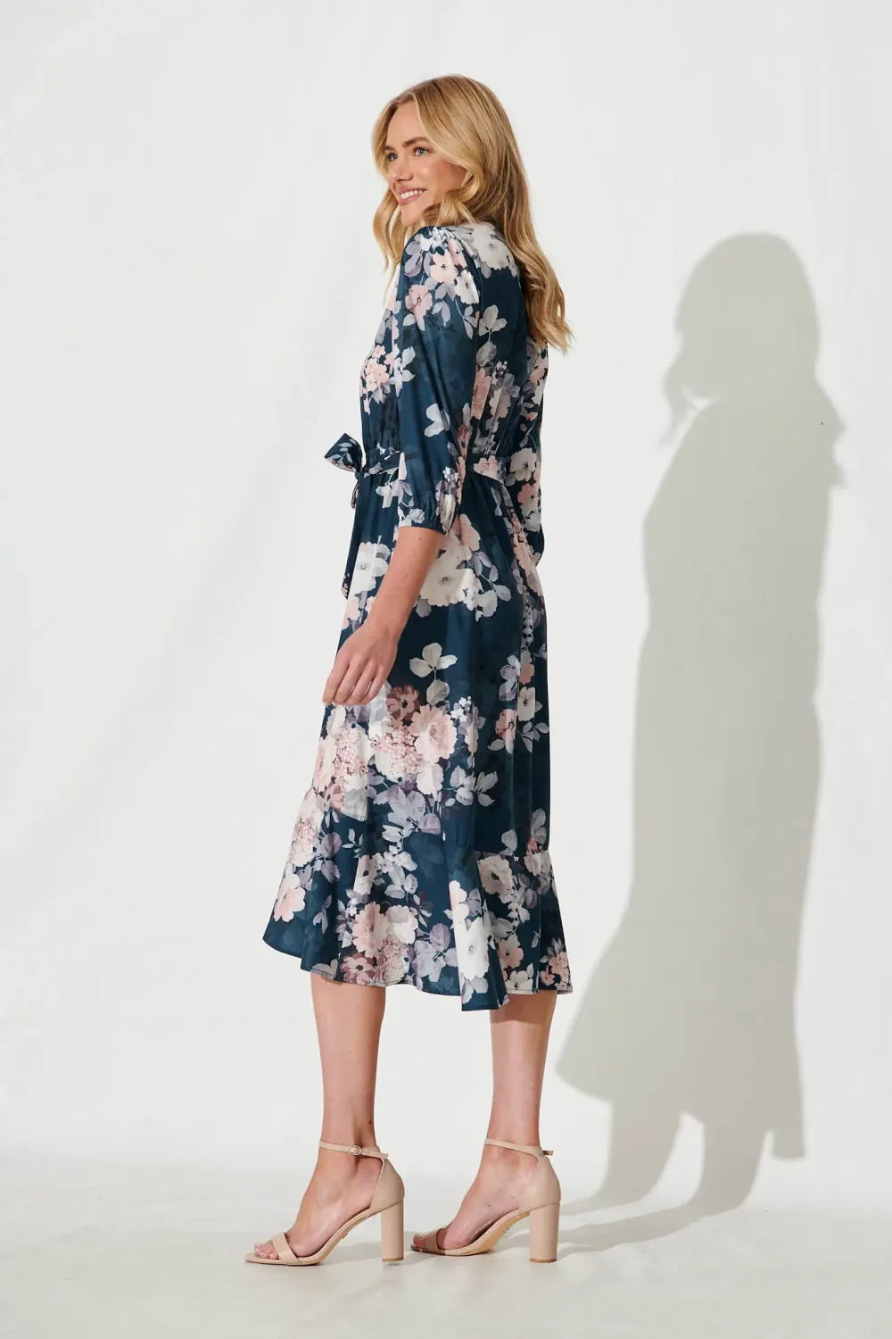 Jemimah Midi Dress In Teal With Blush Floral Print