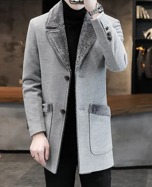 Notch Lapel Single Breasted Pockets Woolen Coat