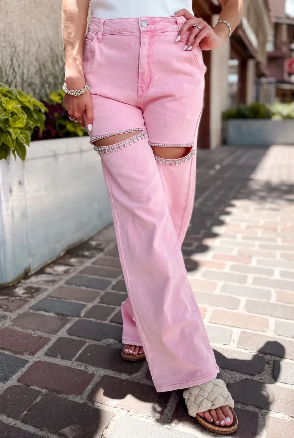 Cut Front Rhinestone Jeans - Pink