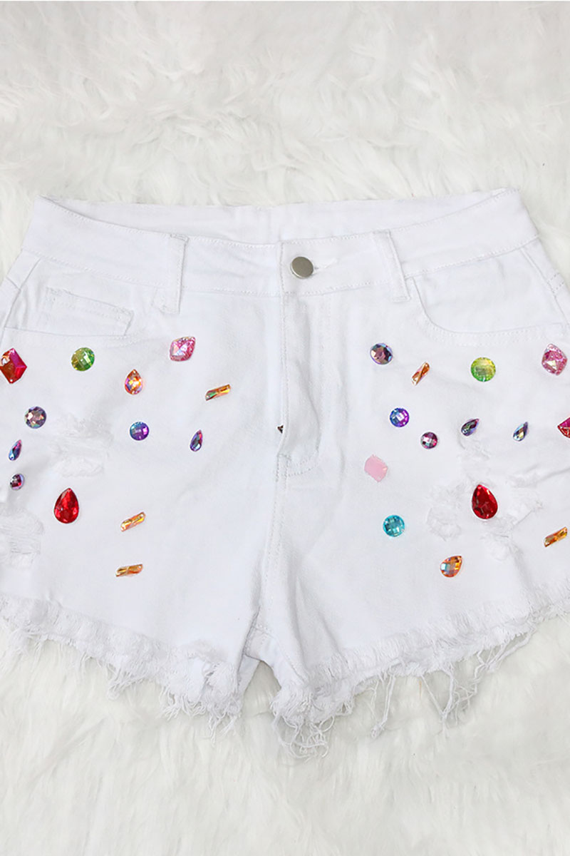 Denim Rhinestone High Waist Pocket Ripped Fringed Shorts