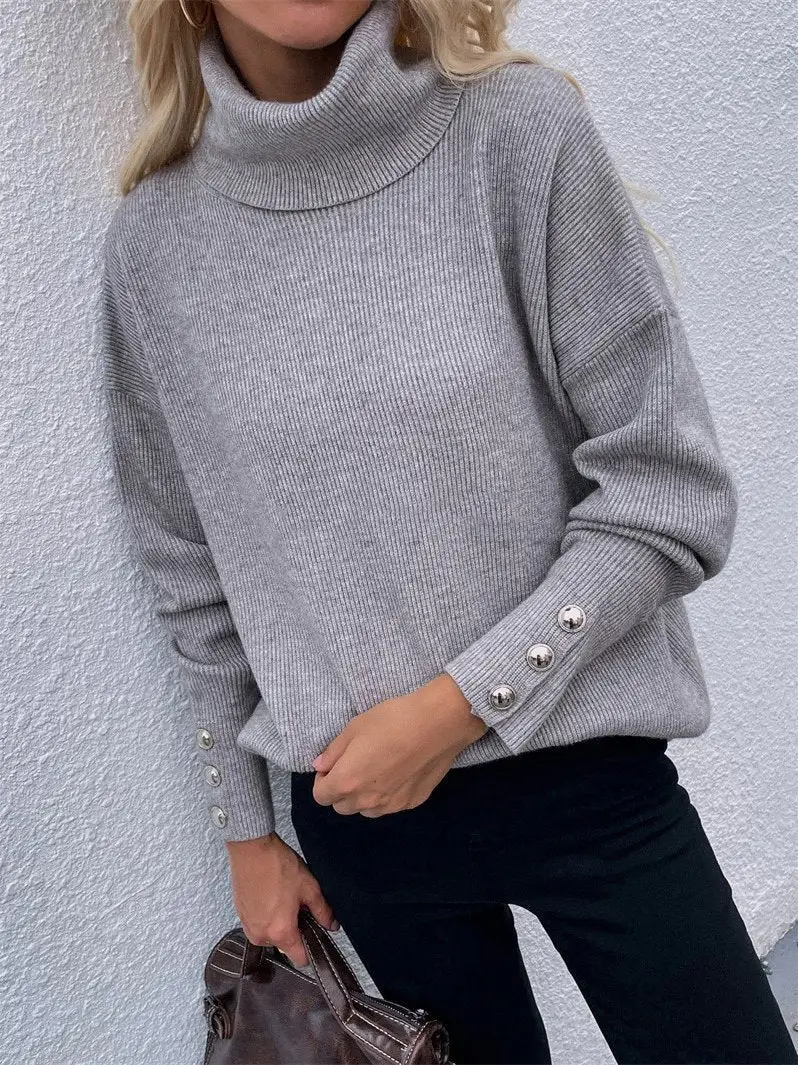 Women's Sweaters High Head Button Solid Long Sleeve Sweater