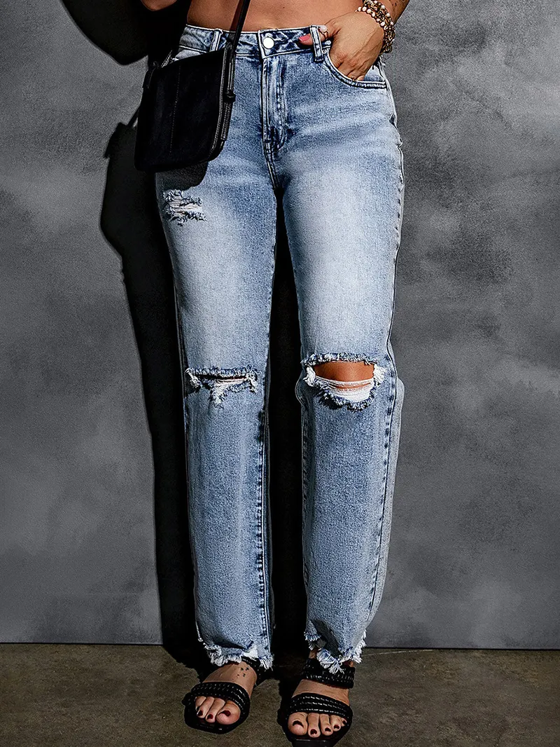 Women's casual ripped straight jeans