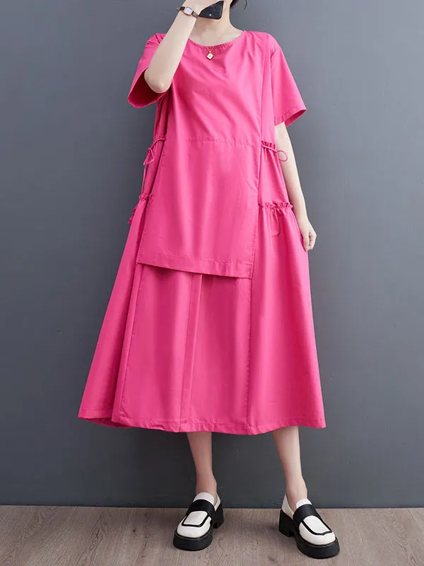 Loose Short Sleeves Solid Color Split-Joint Round-Neck Midi Dresses