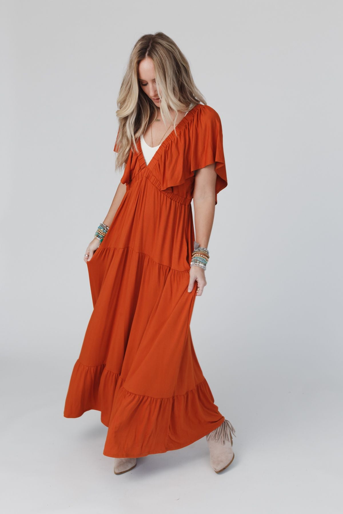 On Repeat Open Back Ruffle Maxi Dress - Spice