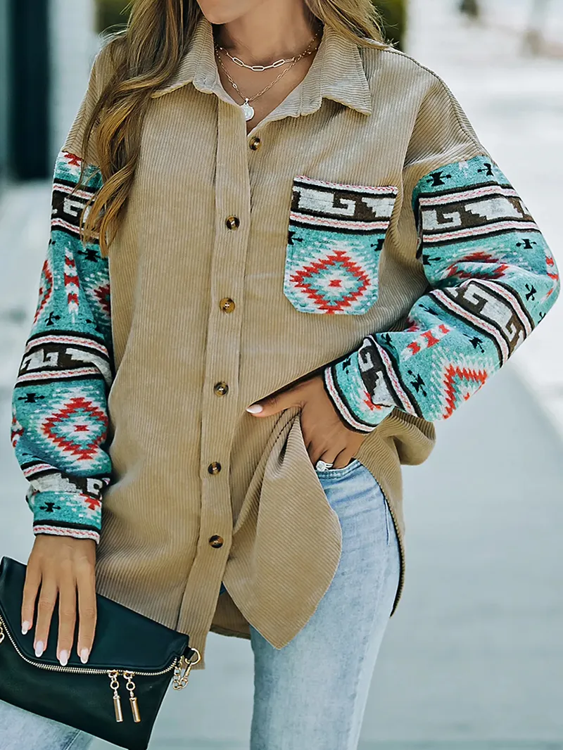 Casual retro printed patchwork corduroy jacket