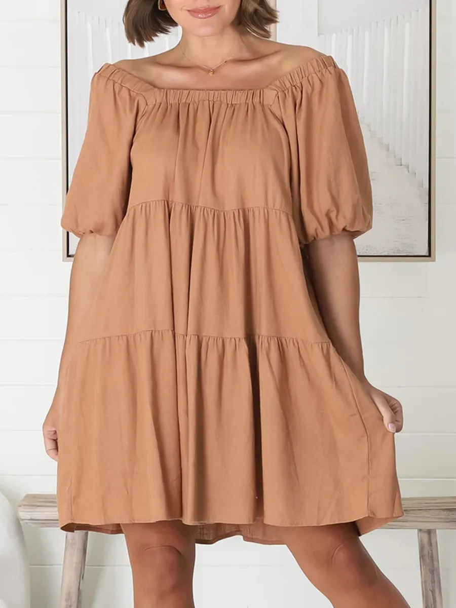 Square-neck puffy sleeves loose A-shape dress