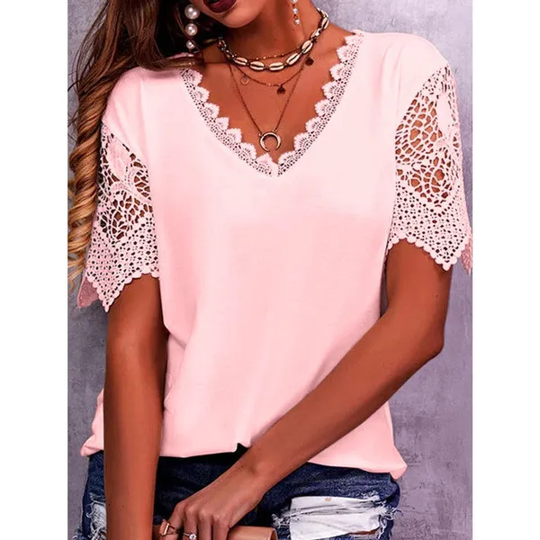 Women's Lace Patchwork Loose V-neck T-shirt