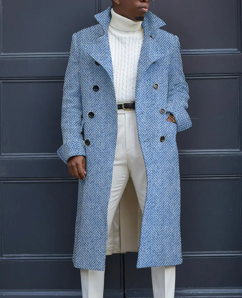 Okaywear Herringbone Pattern Notch Lapel Double Breasted Pockets Coat