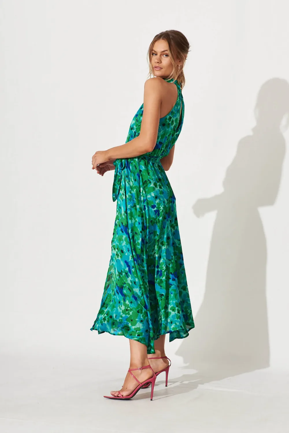 Kiss Me Halter Neck Maxi Dress In Green Watercolour Print