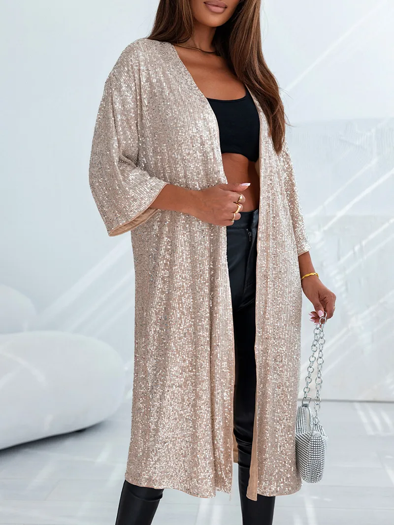 Sequin 3/4 Sleeve Open Front Duster Kimono