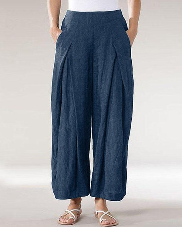 Casual Solid Patchwork Wide Leg Linen Pants