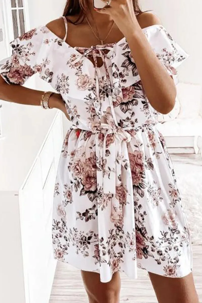 Elegant Floral Frenulum Flounce V Neck A Line Dresses