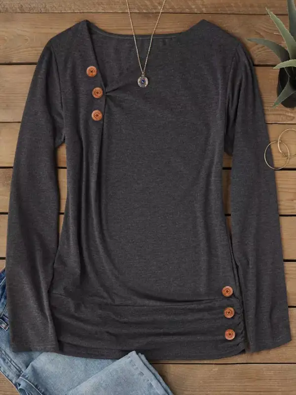 Modern Grey Plain Long Sleeve V-Neck Top