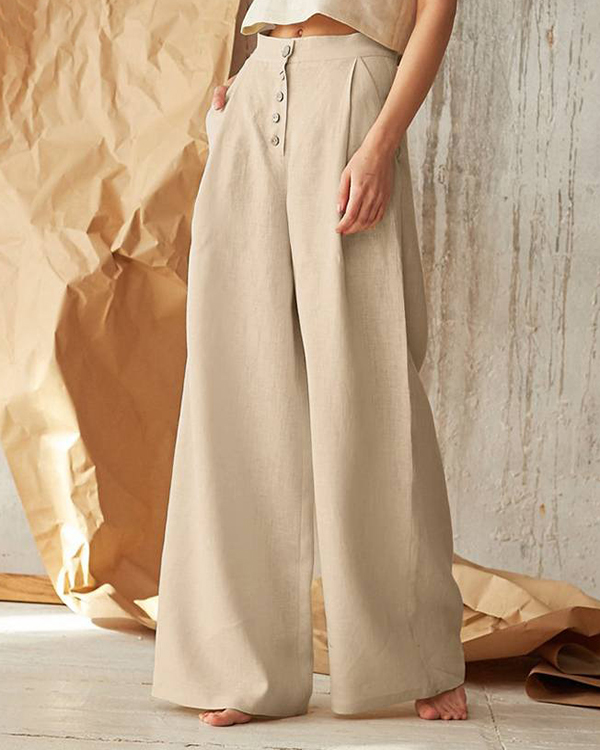 Casual Button Linen Wide-Leg Pants