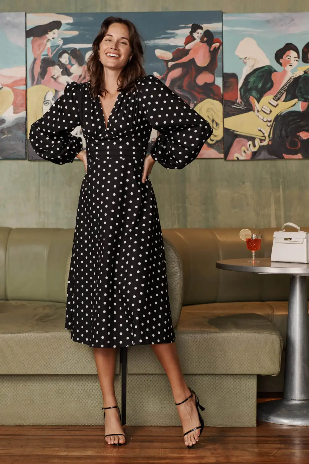 Sunburst Midi Dress In Black With White Spot Cotton