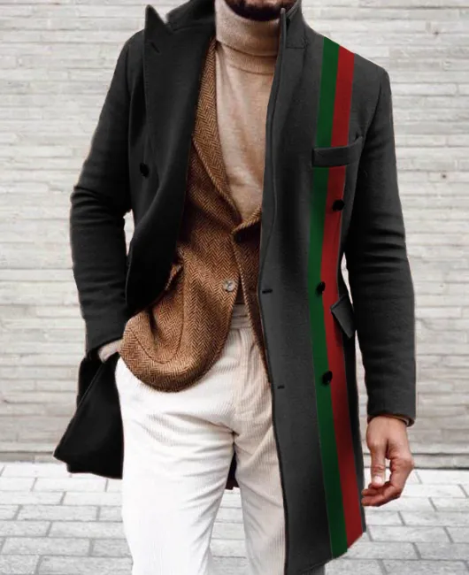 OK Lapel Collar Double-breasted Contrast Striped Long Coat