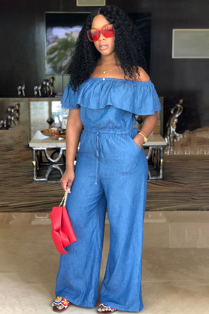 Off Shoulder Ruffled Drawstring Wide Leg Denim Jumpsuit