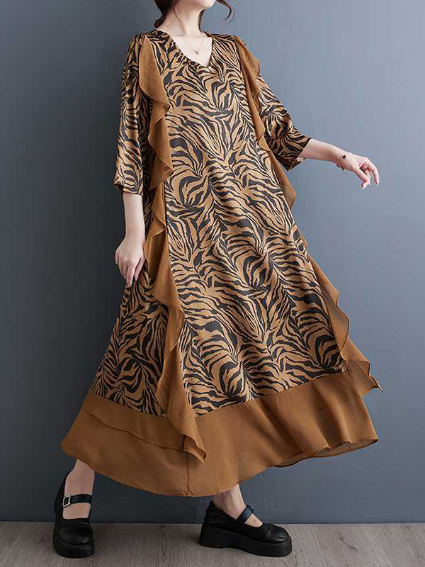 A-Line Batwing Sleeves Ruffled Split-Joint Zebra-Stripe V-Neck Midi Dresses