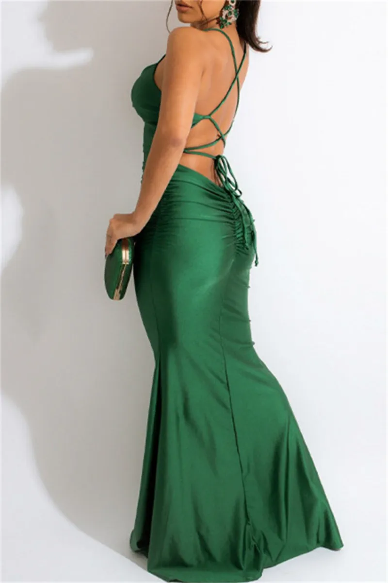 Green Fashion Sexy Solid Backless Cross Straps Spaghetti Strap Evening Dress