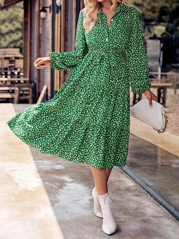 A-Line Long Sleeves Buttoned Flower Print Pleated Split-Joint Tied Waist Lapel Midi Dresses