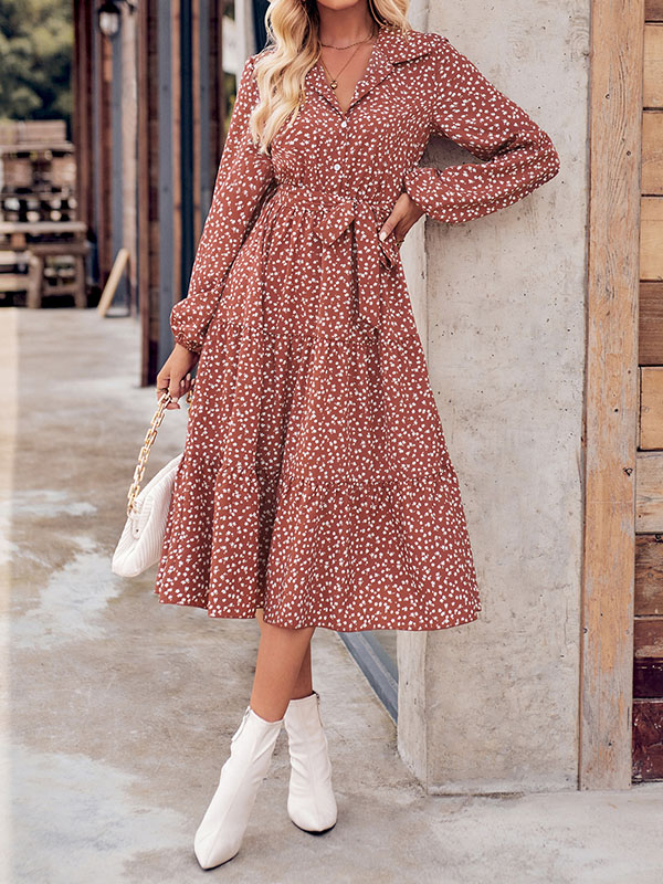 A-Line Long Sleeves Buttoned Flower Print Pleated Split-Joint Tied Waist Lapel Midi Dresses