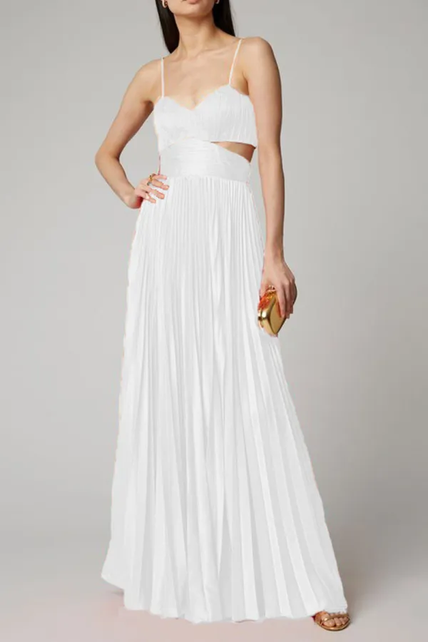 White Celebrities Elegant Solid Split Joint Fold Spaghetti Strap Straight Dresses