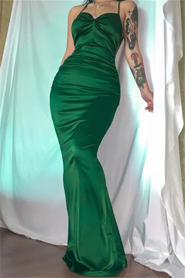 Green Fashion Sexy Solid Backless Cross Straps Spaghetti Strap Evening Dress