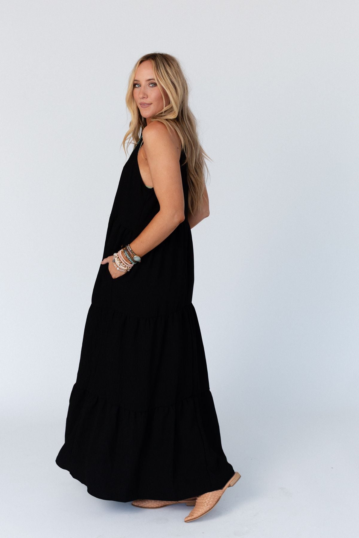 Scarlett Baby Waffle Tiered Maxi Dress - Black