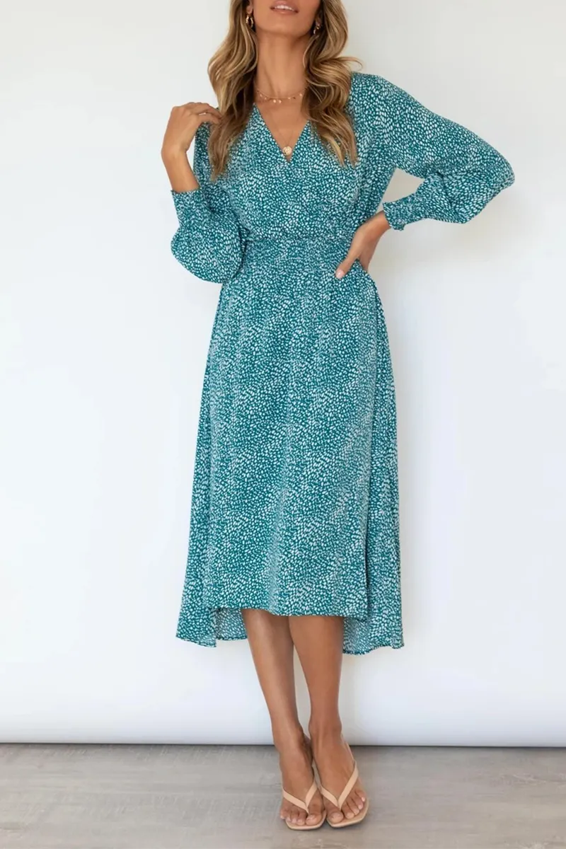 Elegant Print Split Joint V Neck Dresses