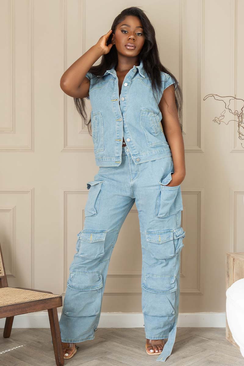 Sleeveless Denim Jacket Wide Leg Jeans Matching Set