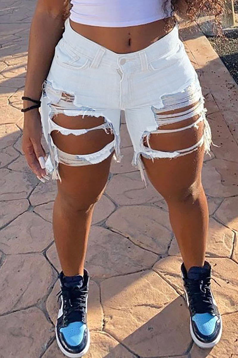 Ripped Cutout Denim Fringed Raw Hem Casual Shorts