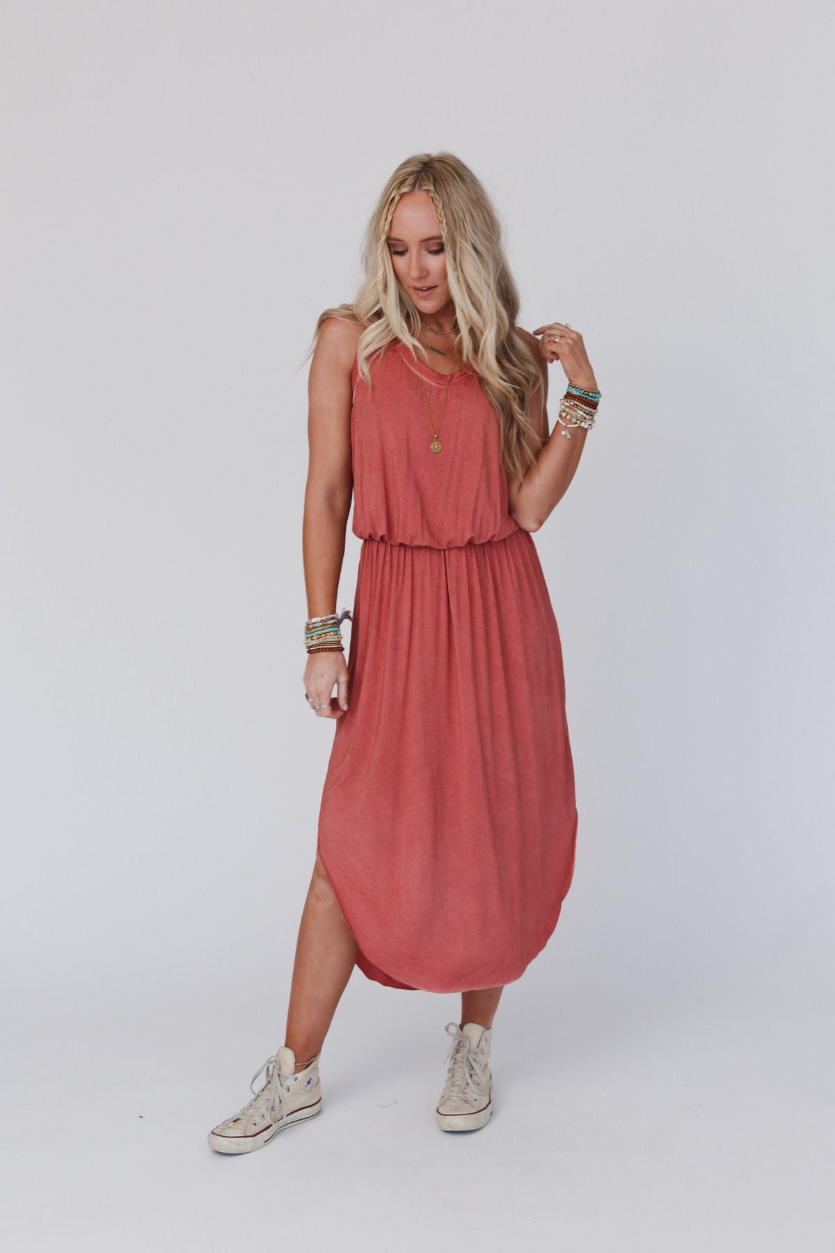 Betsy Stonewashed Midi Tank Dress - Rust