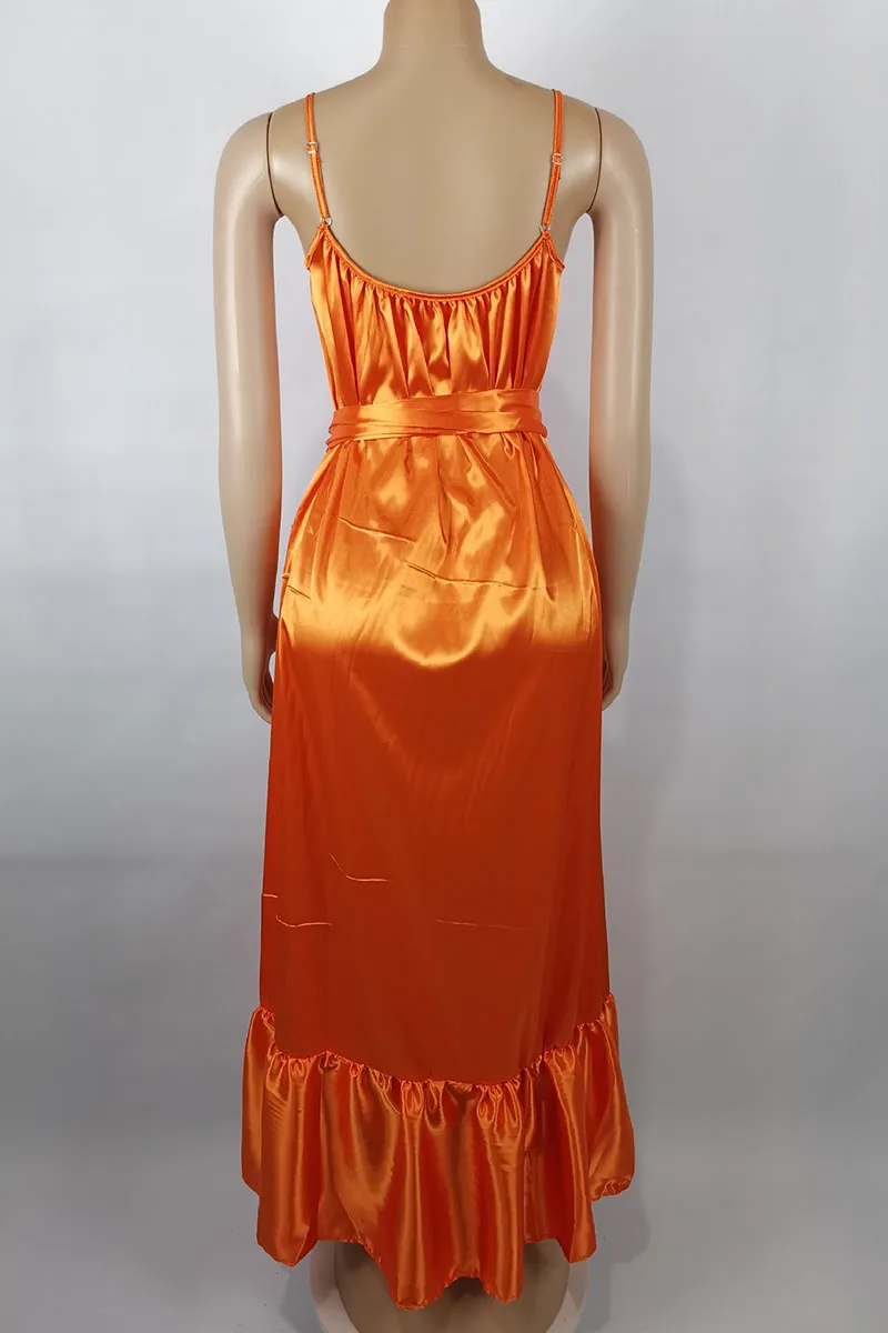 Tangerine Red Elegant Solid Split Joint Spaghetti Strap A Line Dresses