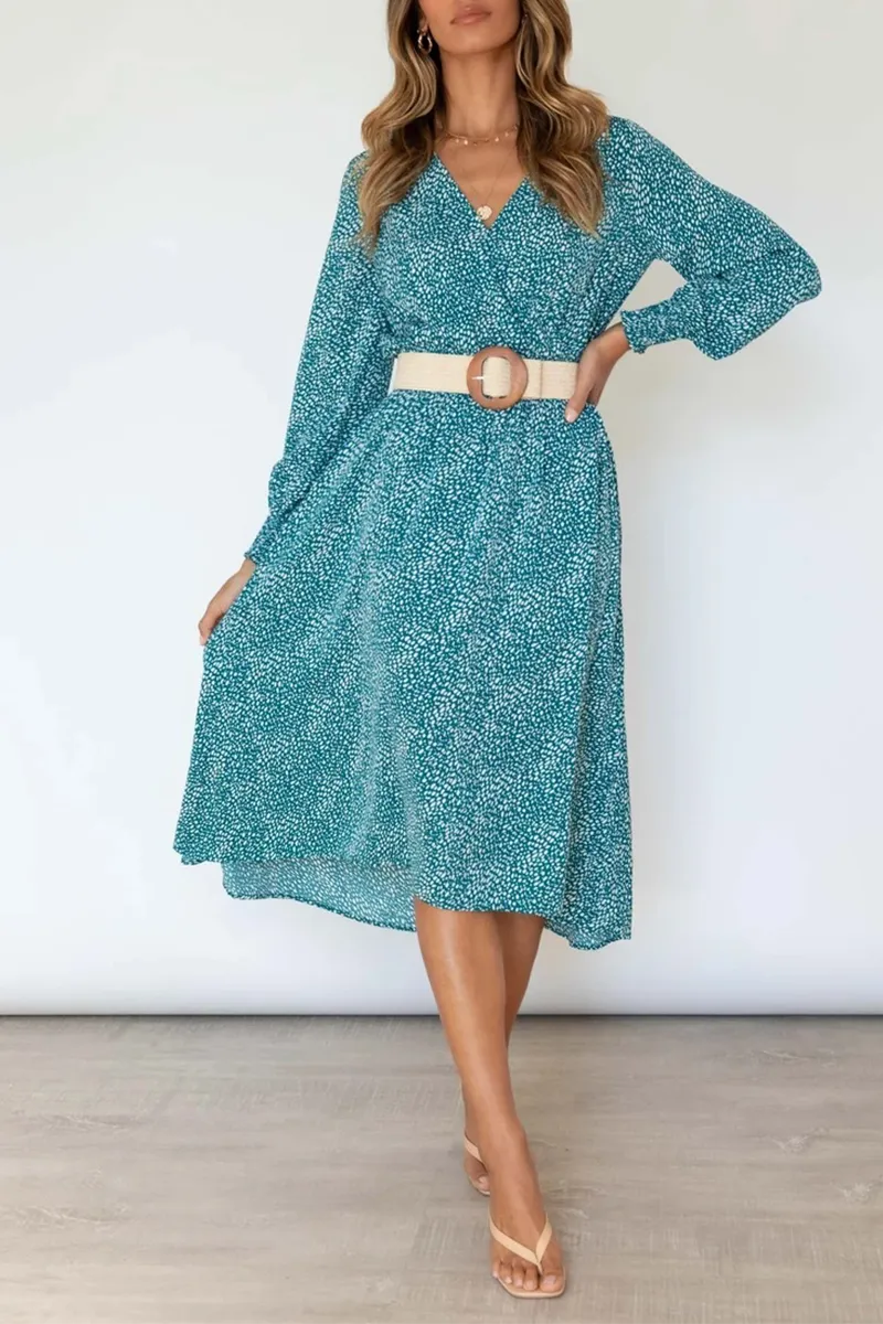 Elegant Print Split Joint V Neck Dresses