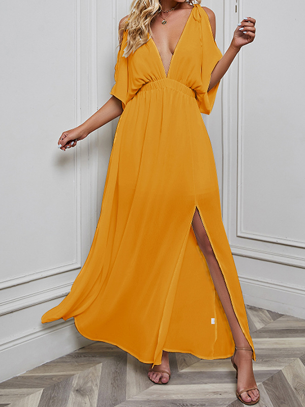 Batwing Sleeves Loose Solid Color Split-Front Deep V-Neck Maxi Dresses