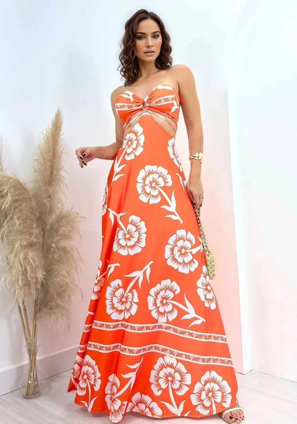 White Floral Long Dress with Orange Background