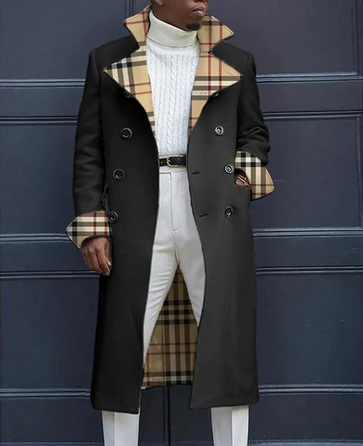 OK Notch Lapel Plaid Patchwork Double-breasted Long Coat