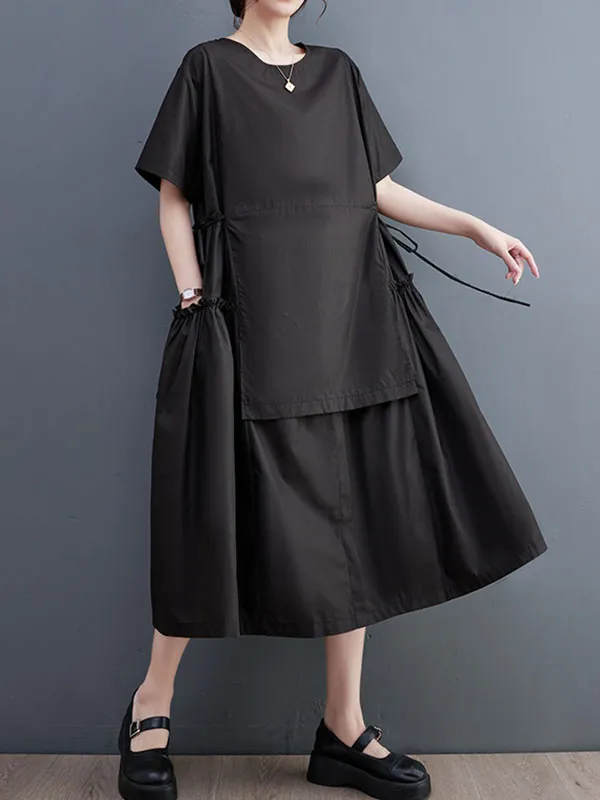 Loose Short Sleeves Solid Color Split-Joint Round-Neck Midi Dresses