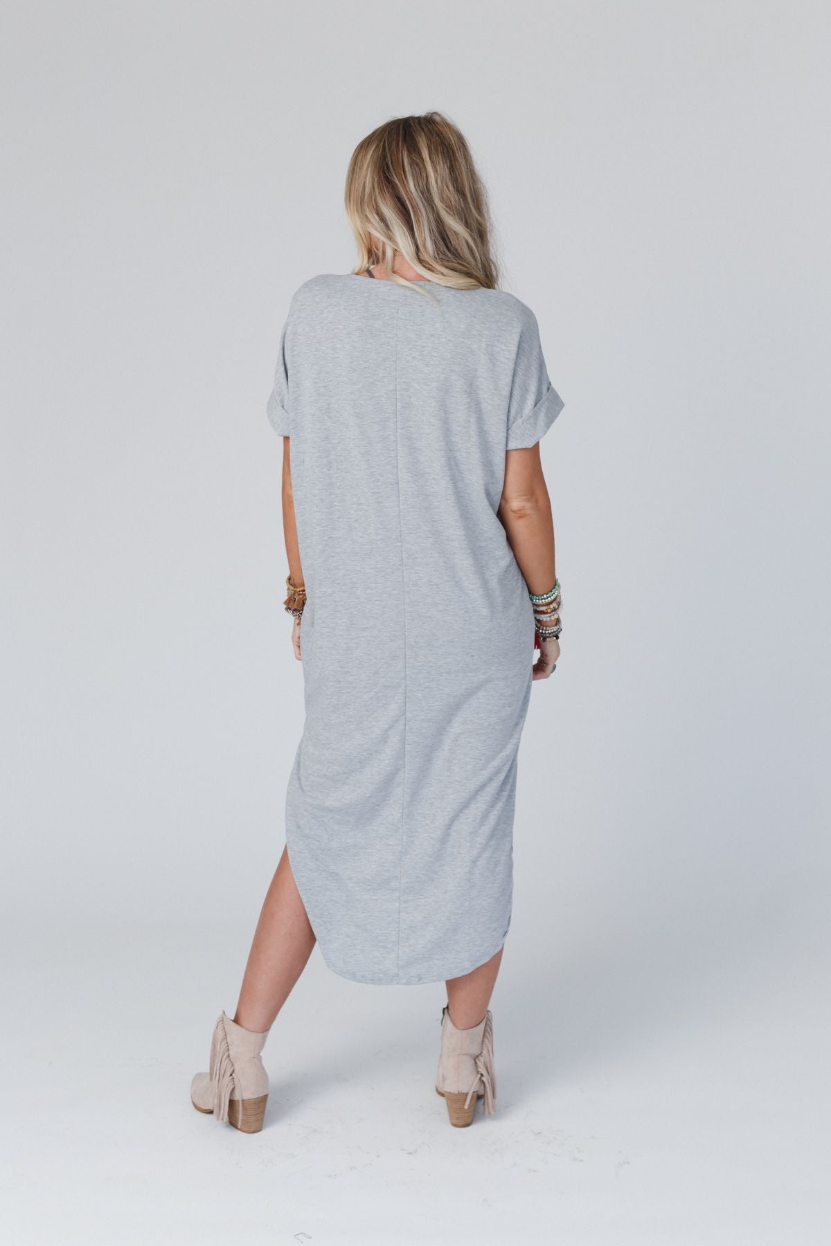 On The Go Round Hem Pocketed Midi Dress - Heather Gray