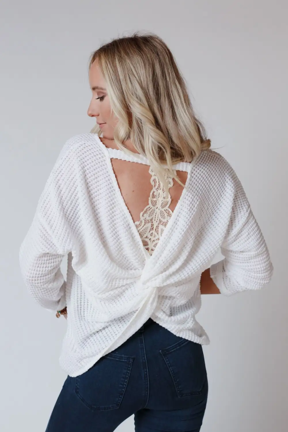 Flattering Open Back Thermal Knit Top - Cream