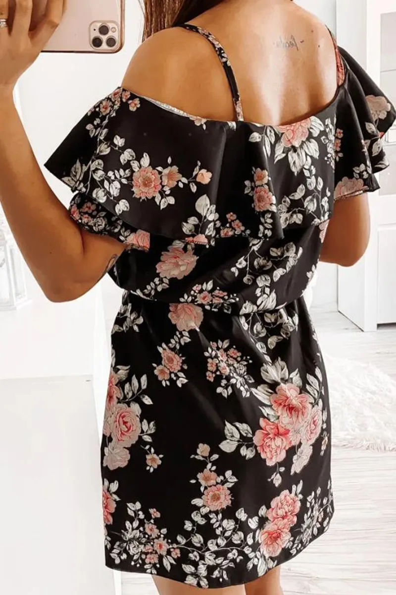 Elegant Floral Frenulum Flounce V Neck A Line Dresses