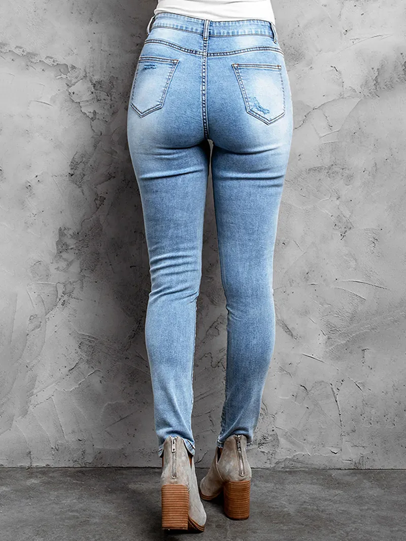 Casual ripped solid color women's jeans