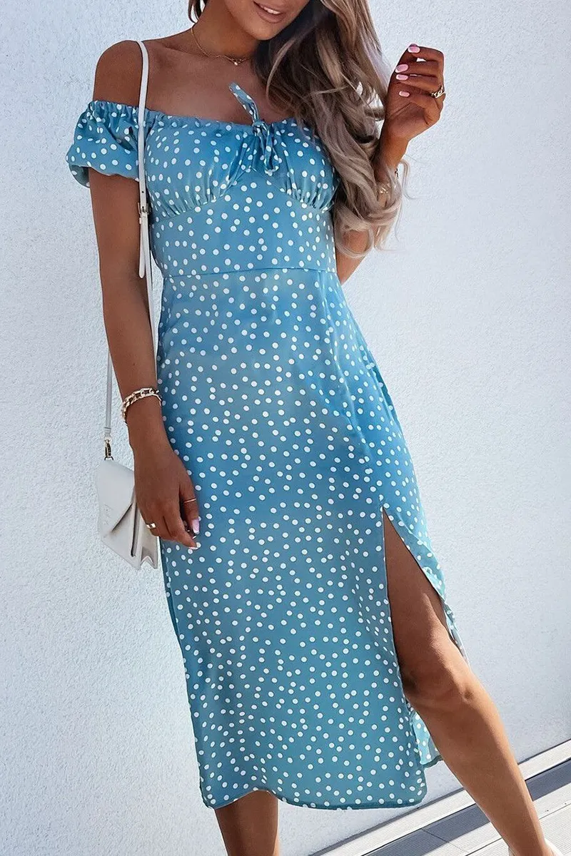 Fashion Elegant Floral Polka Dot Frenulum Slit Off The Shoulder A Line Dresses