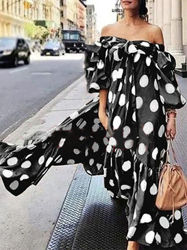 Half Sleeves Long Sleeves Polka-Dot Off-The-Shoulder Maxi Dresses