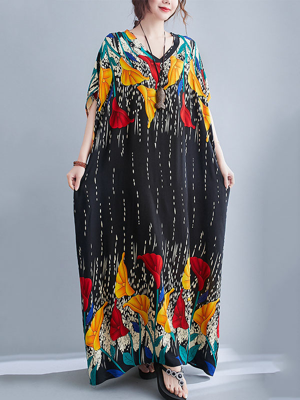 Ethnic Printed Vintage Super Loose Batwing Sleeve Dress