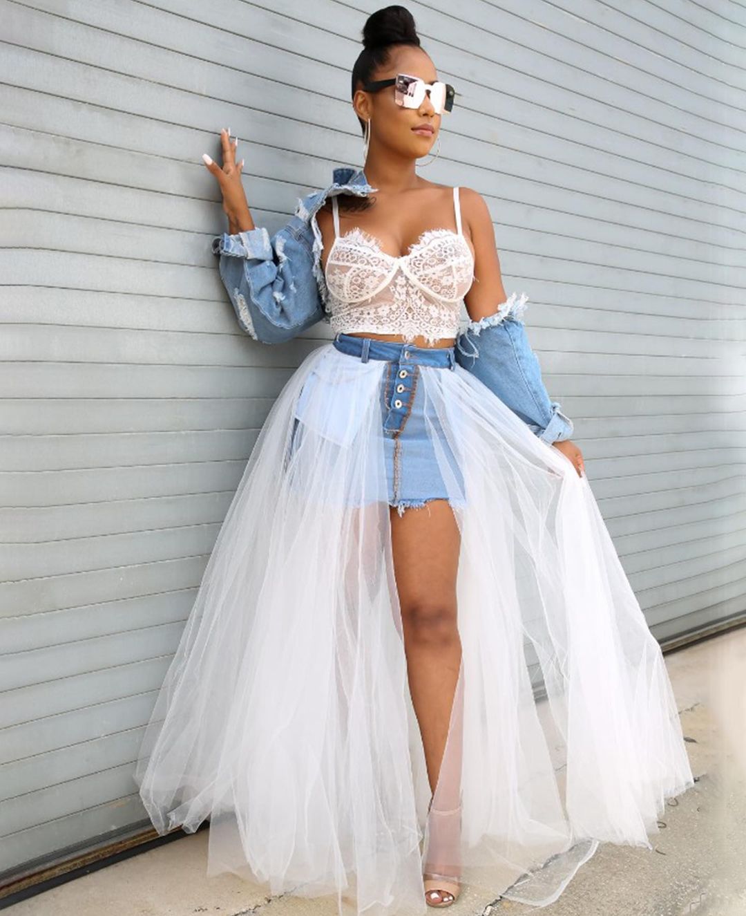 Denim Stitching Tulle Skirt