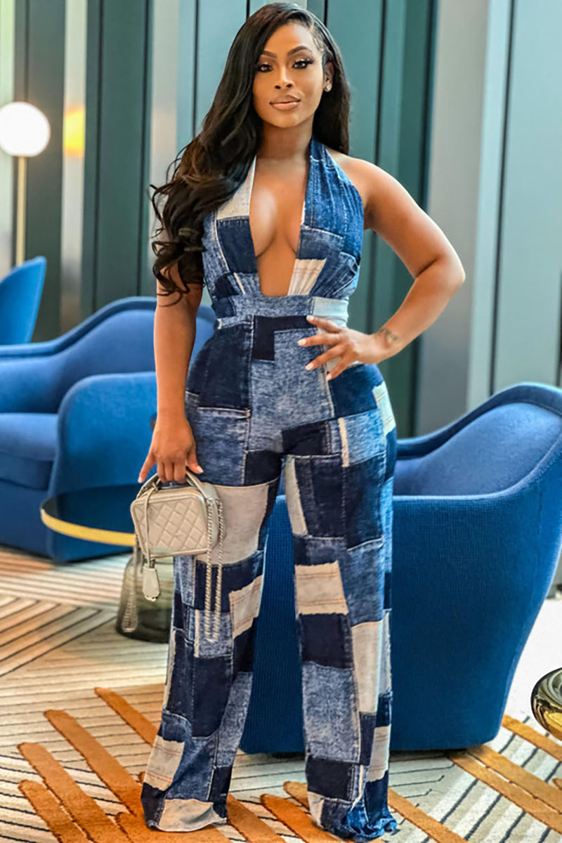 Denim Plaid Print Halter Sleeveless V Neck Wide Leg Vacation Jumpsuit